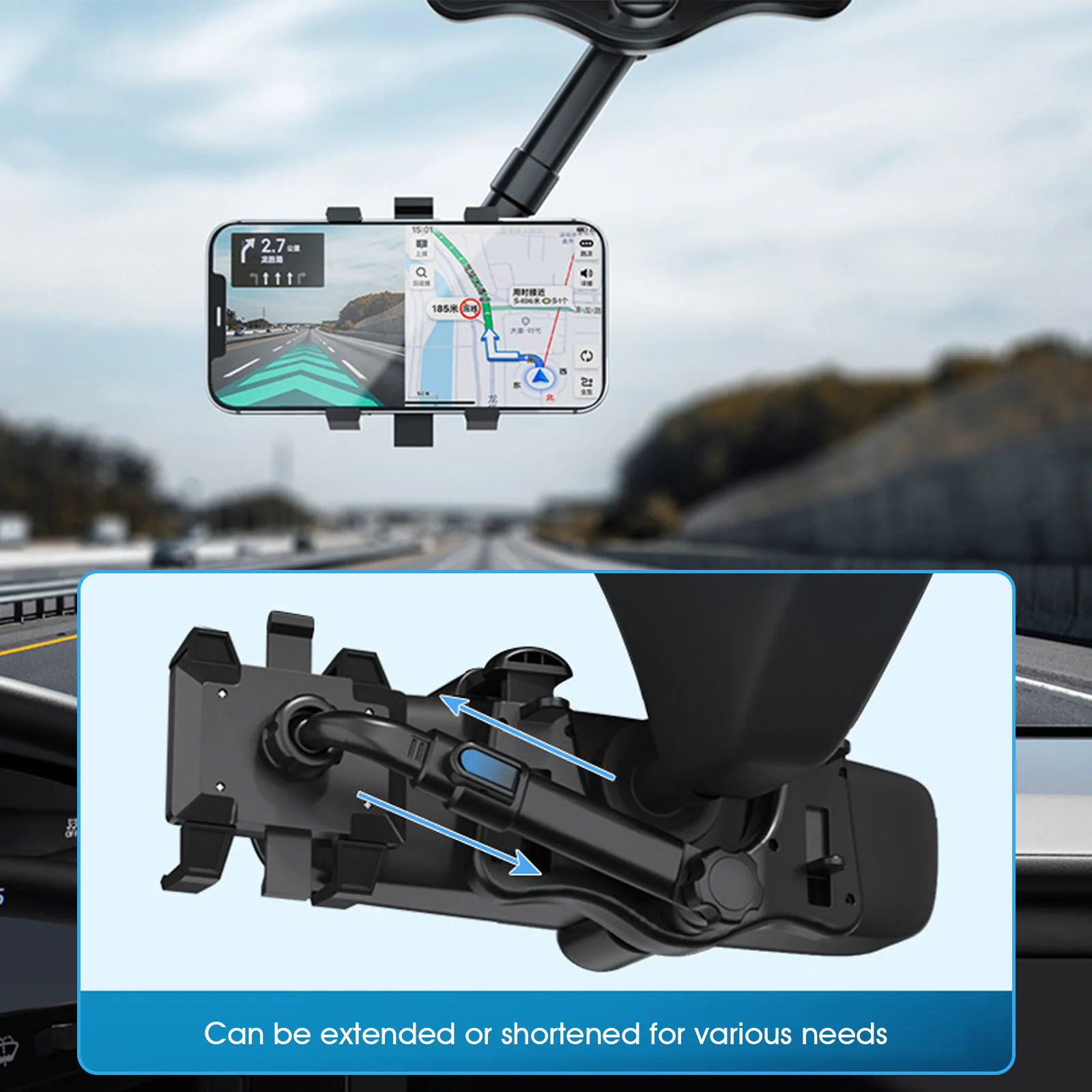 Car Phone Holder 360°Rotatable Retractable Car Rearview Mirror Phone Bracket Stand Universal GPS Phone Mount Holder