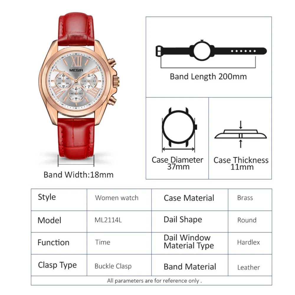 Часы MEGIR женские наручные с кожаным ремешком брендовые водонепроницаемые