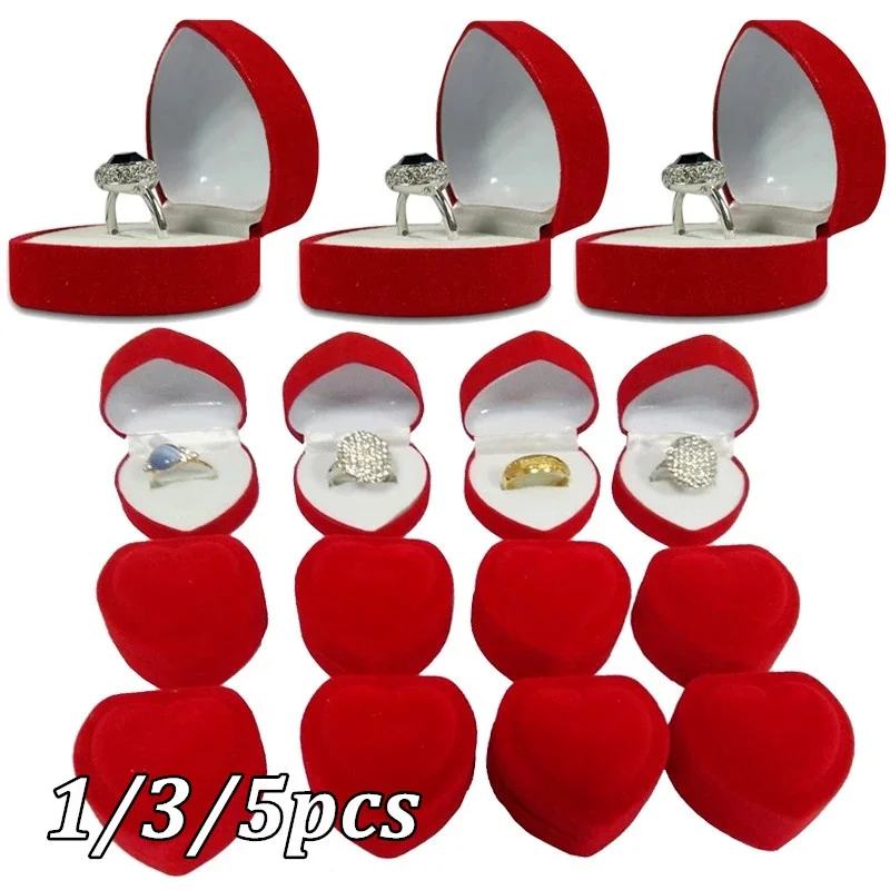 

1/3/5pcs Red Foldable Fine Jewelry Box Display Storage Case Red Engagement Heart Velvet Wedding Ring Box Organizer