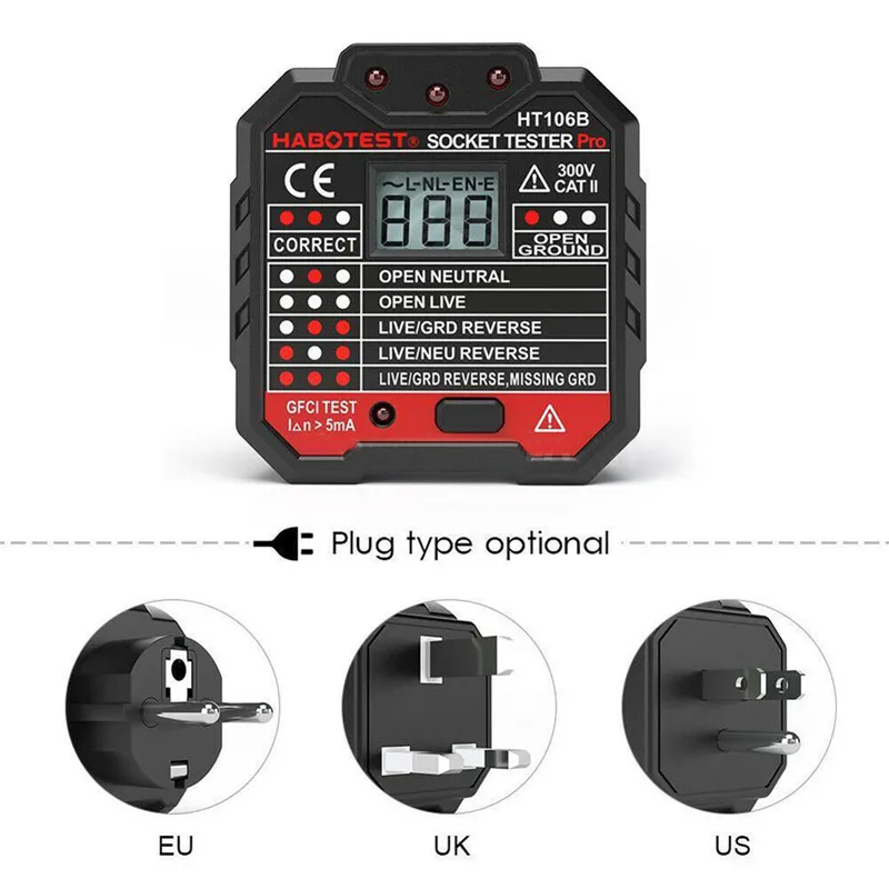 

Socket Detector HT-106B Detector Power Polarity Electroscope RCD Electric Socket Tester Automatic Neutral Live Earth Wire Test