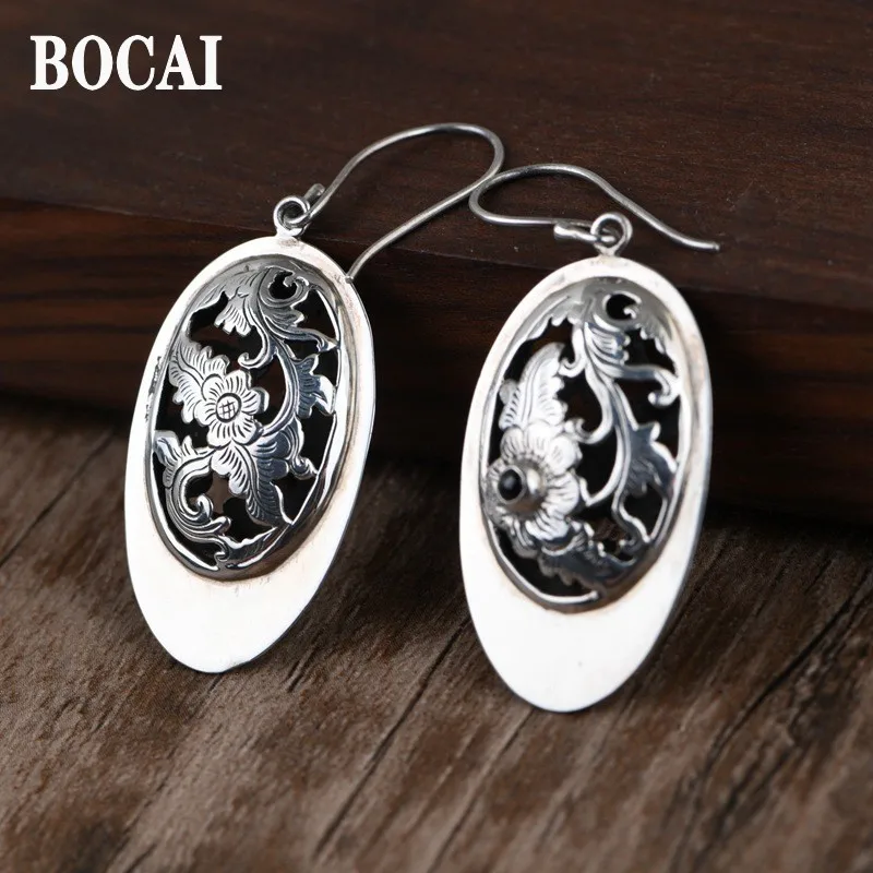 BOCAI Real S925 Silver Jewelry Retro Fashion Creative Design Hollow Peony Temperament Water Droplets Woman Earrings