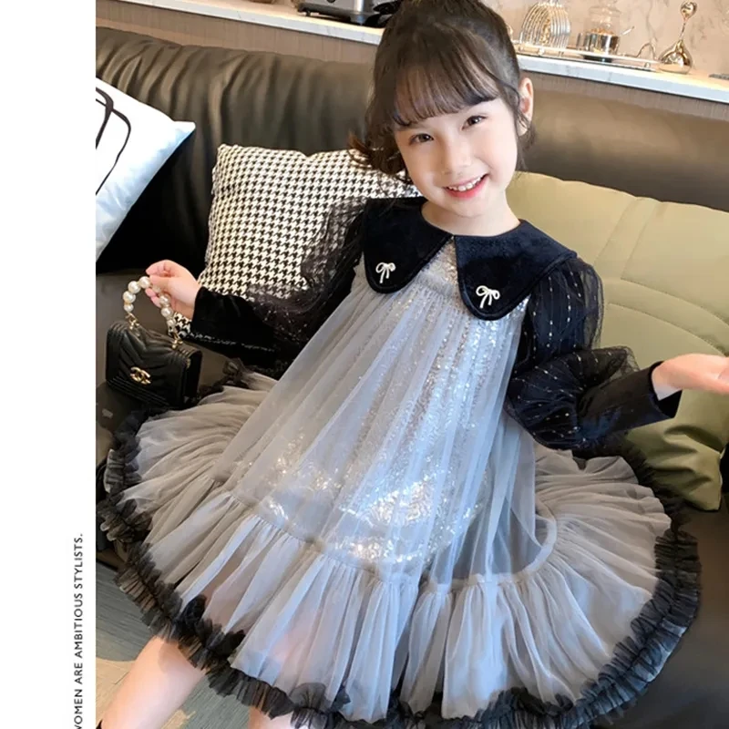 

Autumn Winter Kids Long Sleeve Pathwork Dresses for Girls Velvet Warm Princess Dress with Big Bow 3-12 Years Chidlren Clothing