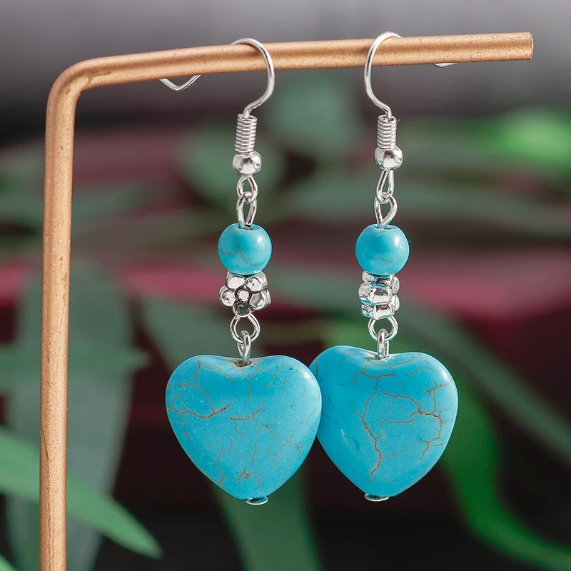

Bohemian Natural Stone Pearl Flower Big Heart Drop Earrings Women's Jewelry Antique Xizang Silver Hot Selling Gift