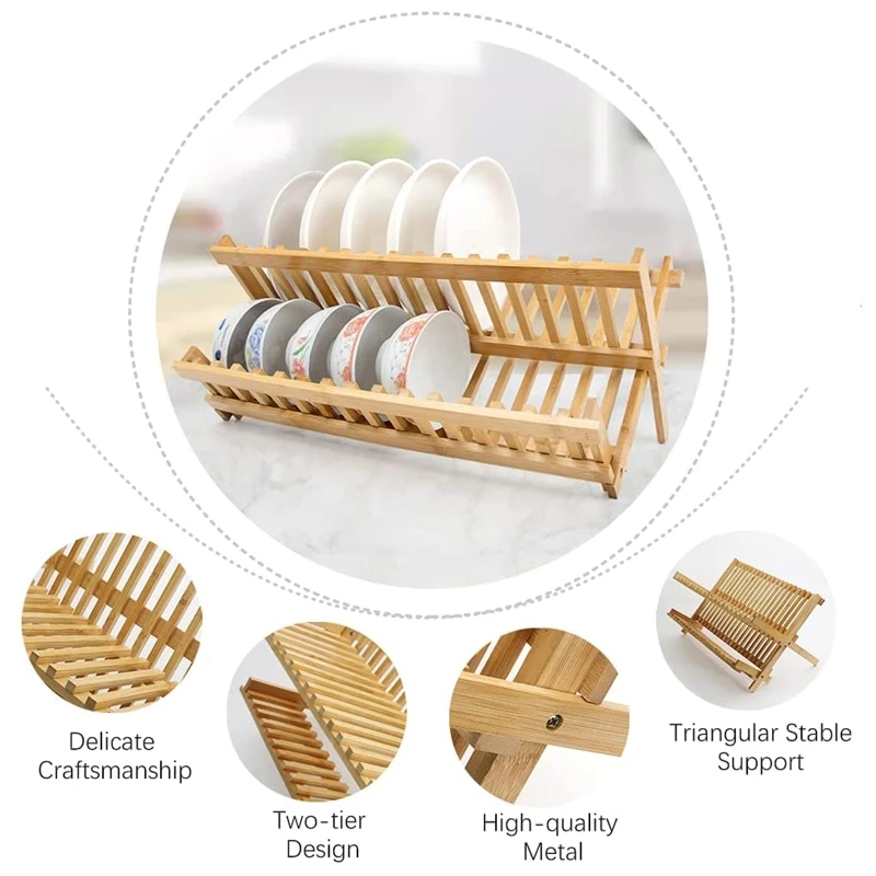 

Стойка для посуды, Бамбуковая Складная 2-уровневая Складная Сушилка для посуды, сушилка для посуды, набор держателей для сушки посуды