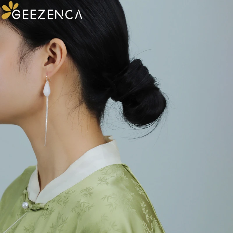 Серьги-подвески GEEZENCA из серебра 925 пробы с белыми нефритовыми цветками магнолии