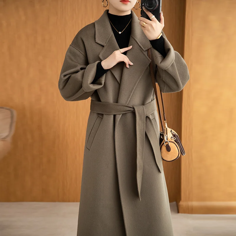 

Hand-sewn Trendy Best-selling Coats 100% Wool Women's Coats Thickened Fashion Belts Double-sided Pocket Coats