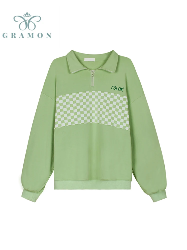 

Casual Plaid Print Lapel Sweatshirt Women Oversize Long Sleeve Hoodies Female Vintage Streetwear Baggy Hiphop Pullover Woman Top