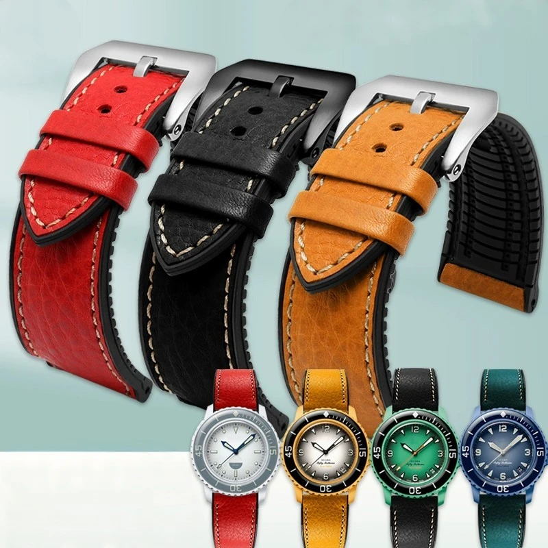 

Итальянский кожаный ремешок для часов, мягкий водонепроницаемый резиновый ремешок 22 мм для часов Swatch пятьдесят Fathoms, мужской браслет