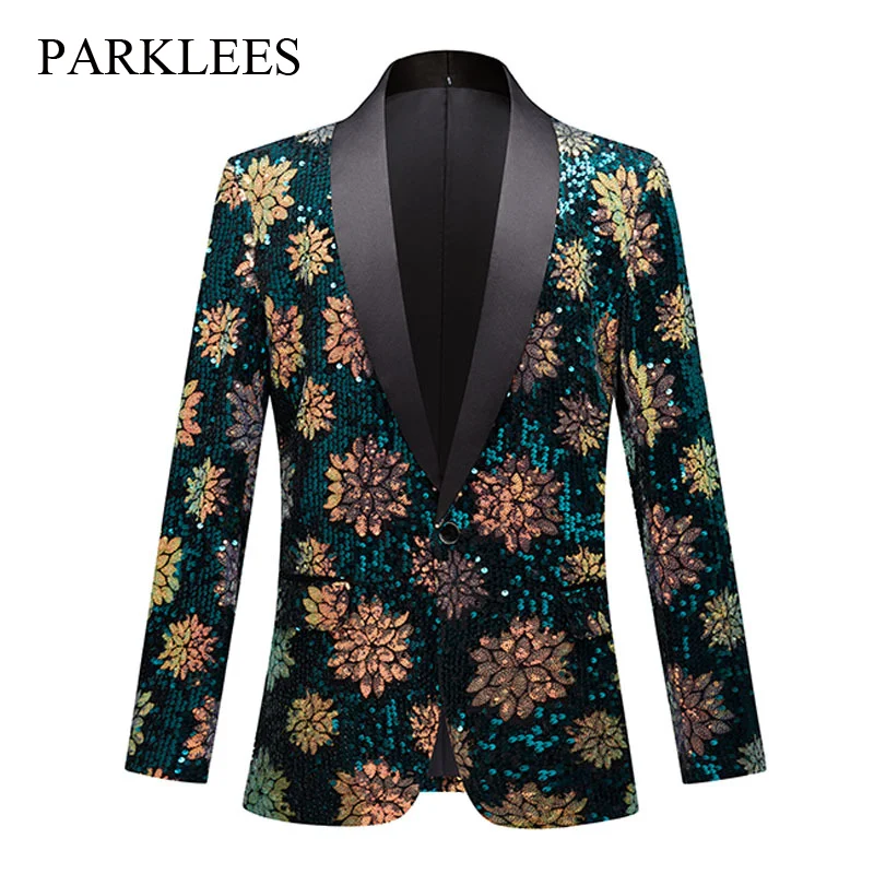 

Parklees Mens Gold Flower Sequin Suit Blazer One Button Shawl Lapel Tuxedo Blazer Jacket Stylish Prom Banquet Party Dress Homme