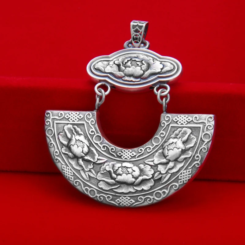 S999 Чистый серебряный двусторонний кулон с замком пиона женский ретро китайский