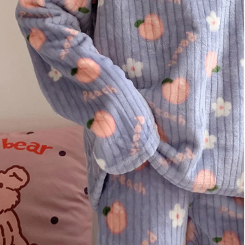 Ladies Pajama Sets Thicken Autumn And Winter Keep Warm Nightgown Comfortable Soft Sleepwear Suit Cute Style Pocket Design