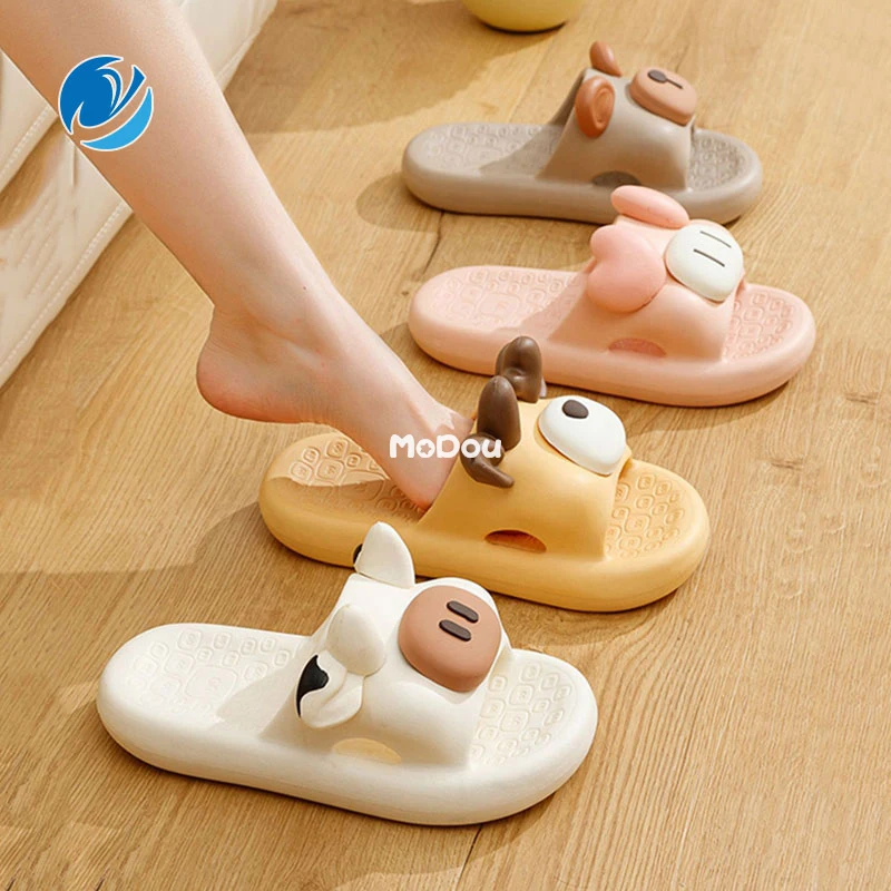 

Шлепанцы Mo Dou для мужчин и женщин, Симпатичные летние тапочки из коровьей кожи, мультяшный рисунок, уличные мягкие Нескользящие тапки для ва...