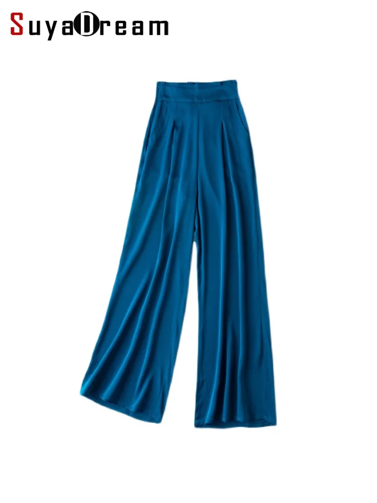 SuyaDream Woman Wide Leg Pants 93%Silk 7%Spandex Elastic Waist Solid Office Lady Chic Trousers 2022 Spring Summer Bottoms Navy