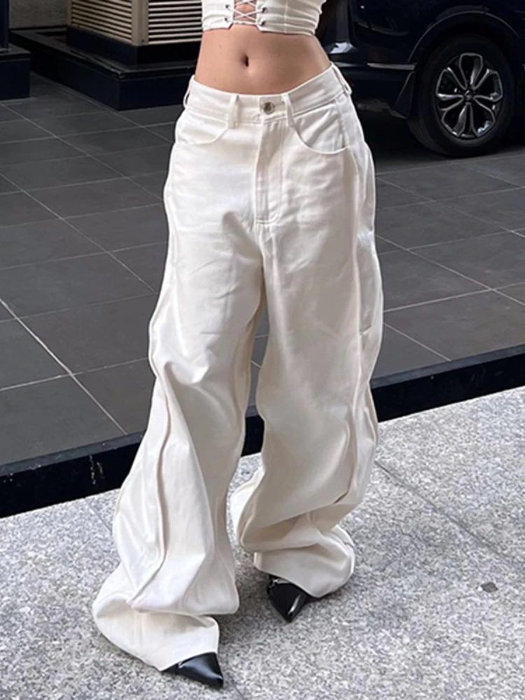 WeiYao White Denim Wide Leg Cargo Pants Women Streetwear Korean Fashion Low Waist Straight Jeans Casual Loose Baggy Trousers
