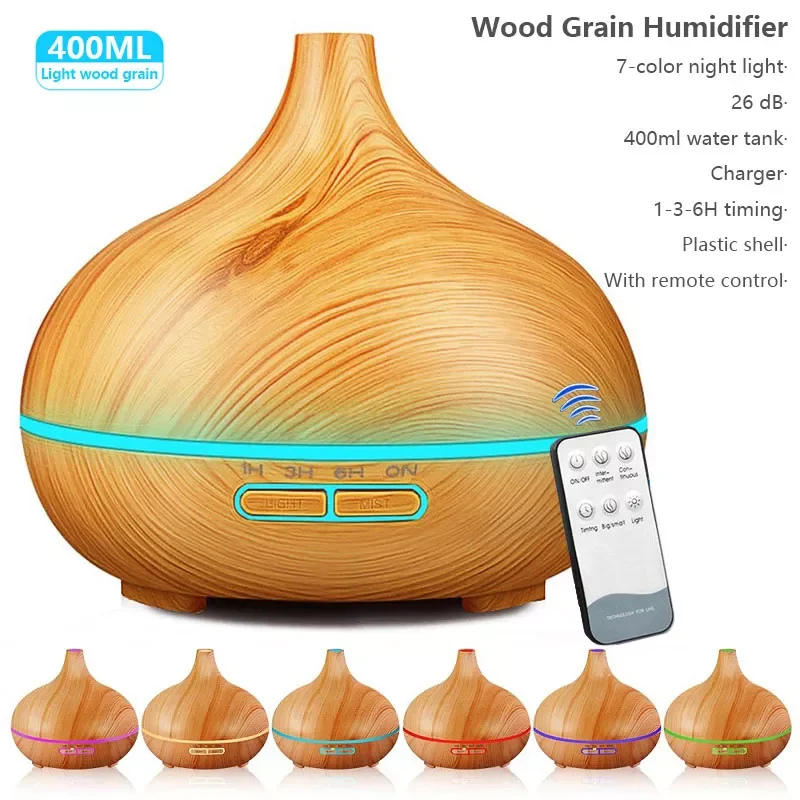 

400ml remote control aroma oil diffuser wood electric humidifier ultrasonic xiomi air humidifier aromatherapy mist maker home