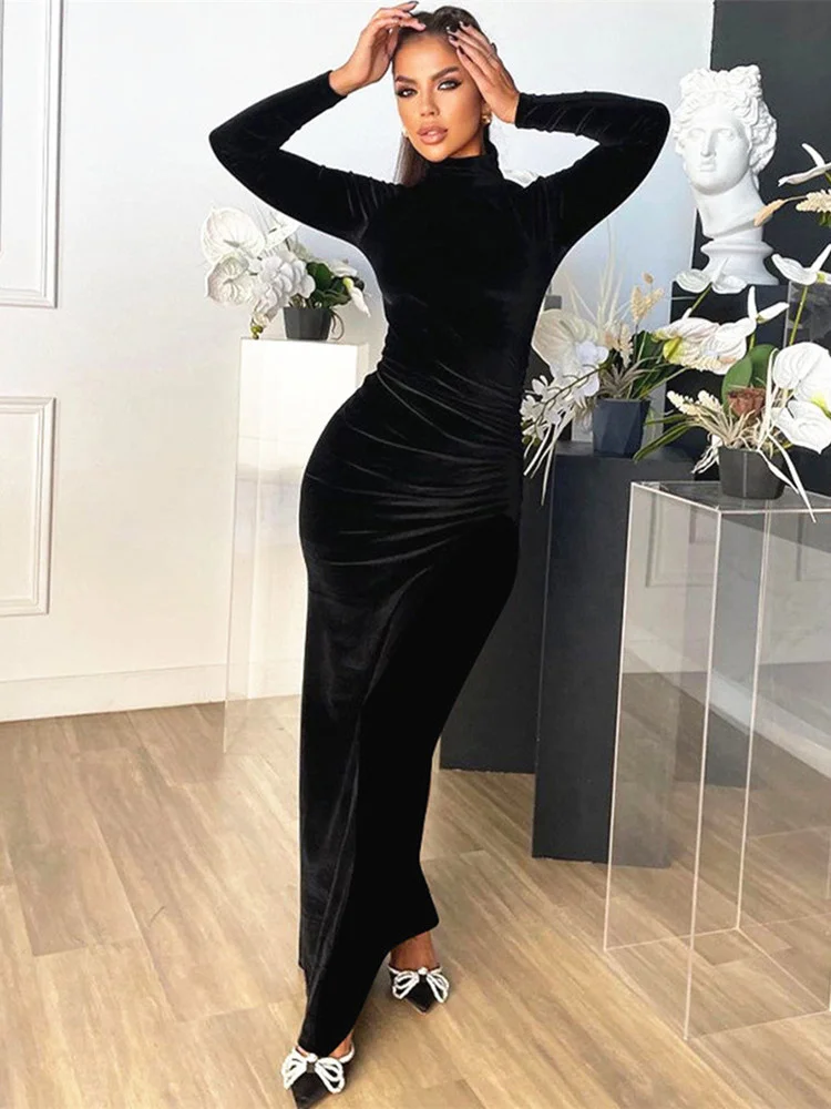 

Fashion High Neck Long Sleeve Slim Fit Sexy Wrapped Hip Dress Temperament Velvet Zipper Long Dress