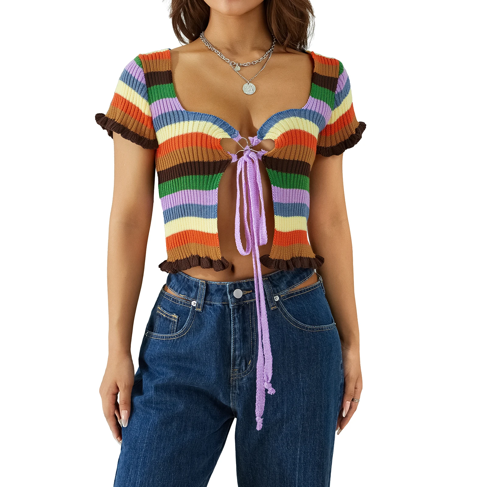 

Модный женский вязаный крючком кардиган, многоцветный Укороченный трикотажный топ с полосками и завязками спереди, Сексуальная футболка