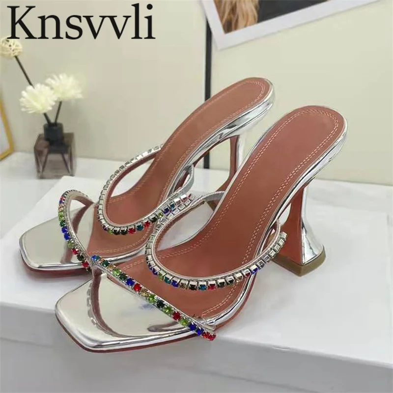 

Hoof Heels Slippers Women Satin Peep Toe Slides Shoes Female Square Toe Rhinestone Party Slingbacks Heeled Shoes Woman