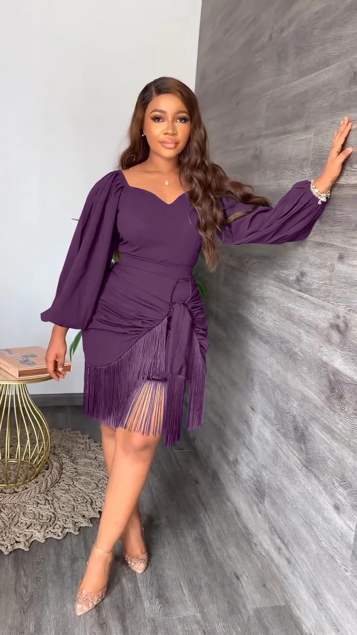 

Party Dress Women's Fashion Sexy Solid Color Lanterns Long Sleeve Tassel A-line Hip Wrap Short Skirt Women's Slim Elegant Dress