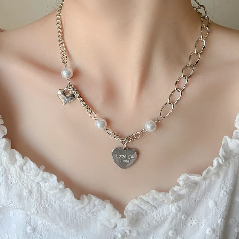 

Heart Shape Splicing Stainless Steel y2k Hip Hop Harajuku Punk Women Imitation Pearl Necklace Hanging Chain Choker Jewelry Gifts
