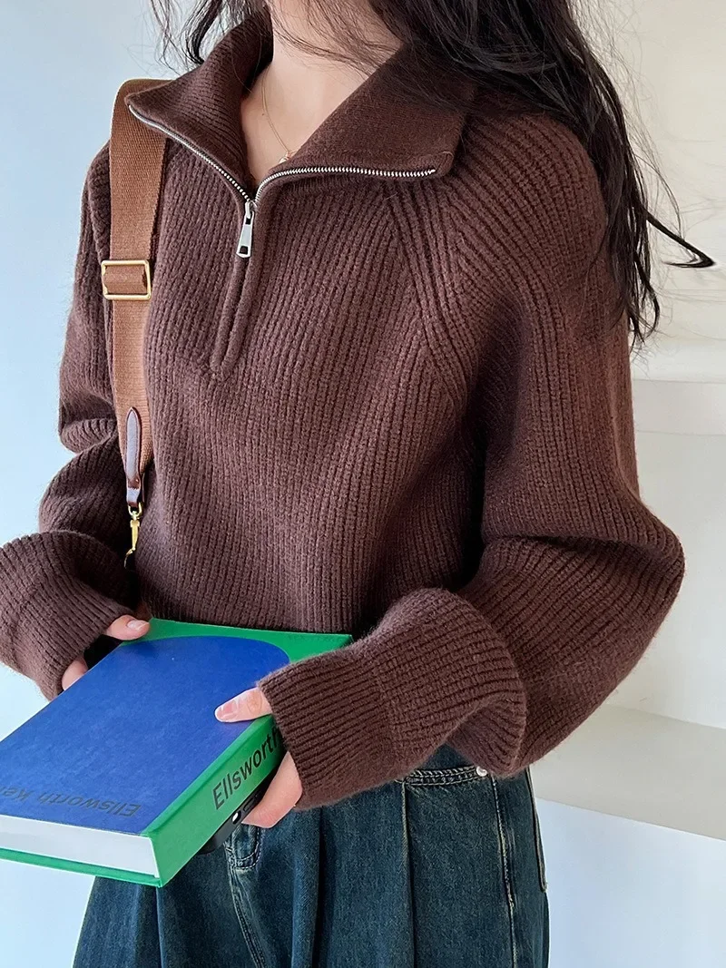 Базовый красный кардиган оверсайз для женщин пуловеры водолазка на молнии