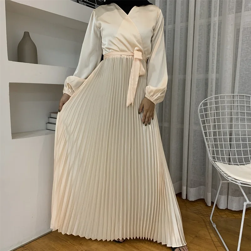 Solid V Neck Long Sleeve Muslim Women's Clothing Dresses New Fashion Stitching Pleated Long Skirts Universal For All Seasons