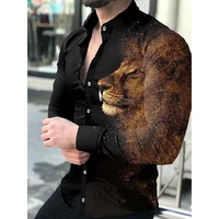 2022 fashion luxury social men shirts lapel button shirts casual lion print long sleeve tops mens clothing prom cardigan shirts