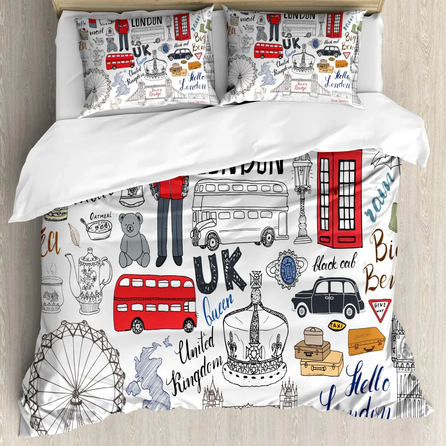

Hipster Duvet Cover London Double Decker Bus Telephone Booth Cab Crown of United Kingdom Big Ben Polyester Quilt Cover Full King