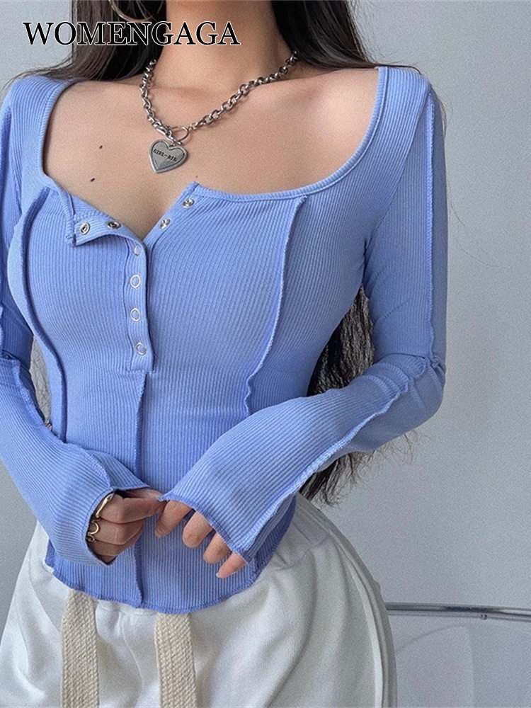 

WOMENGAGA Big O-neck Slim Skinny Thin Buttons Bright Line Long Sleeve Base Autumn T Shirt Top Full Sleeve Tees Korean Sexy 2U75