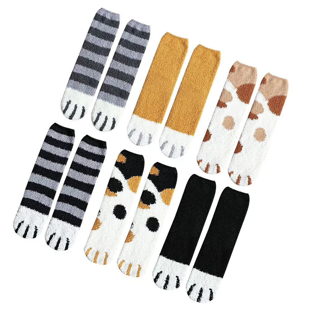 

Christmas Fluffy Socks Thick Stockings: 6pairs Warm Sleeper Socks Cat Paw Winter Fuzzy Calf Length Socks Coral Fleece Crew Cozy