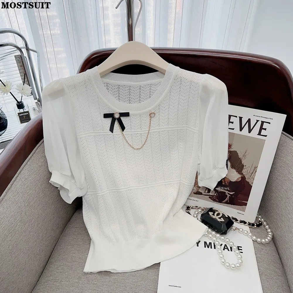 

2023 Summer Elegant Stylish Thin Knit Sweater Pullover Women Chiffon Short Sleeve O-neck Tops Knitwear Vintage Fashion Jumpers