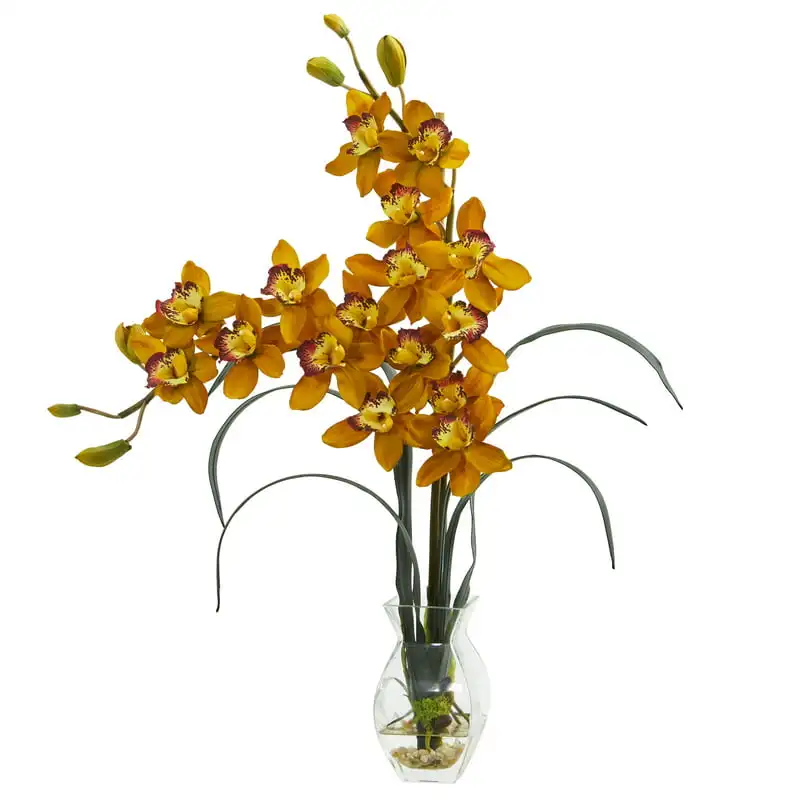 

Double Cymbidium Orchid in Vase Artificial Arrangement Wedding Party Vase Home Autumn Decoration Fake Flower