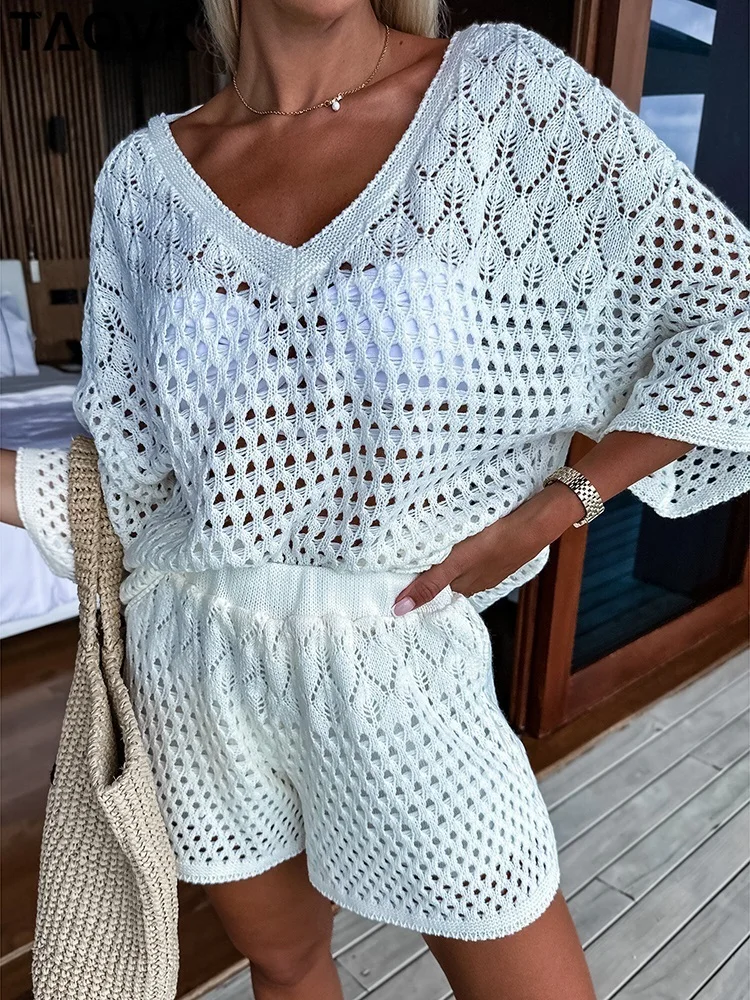 

TAOVK Beach Holiday Knitted Solid Color 2-Piece Set Outfits Short Sleeves Loose Hollow Out Mesh Top Pullovers+Shorts Streetwear