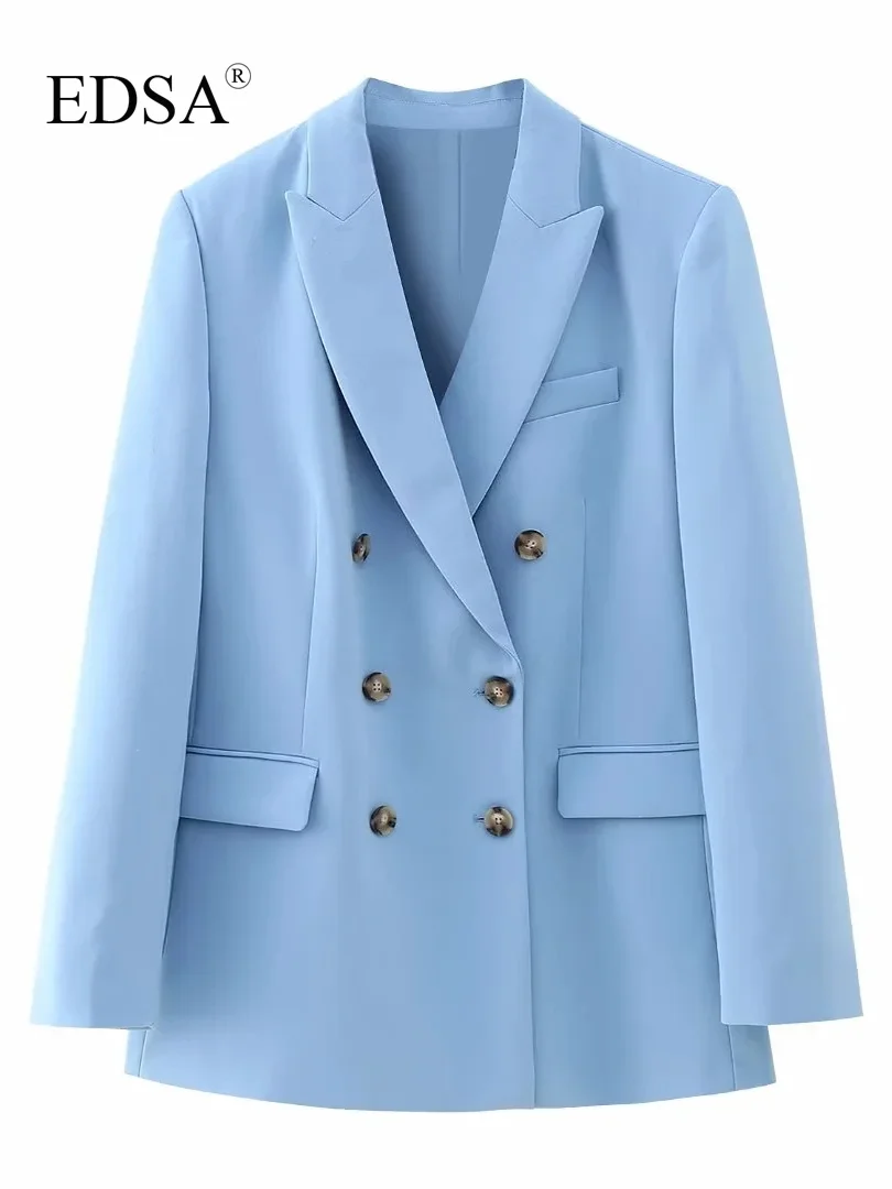 

EDSA Women Fashion Blue Fitted Double-breasted Blazer Long Sleeves Chest Welt Flap Pockets Jacket Coat For Office Lady