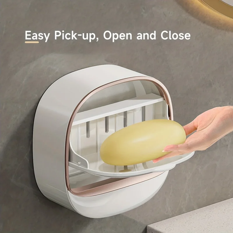 

1pc Wall Mounted Soap Box With Flip Lid, Self-adhesive Soap Holder, Plastic Oval Soap Tray With Cover, Wall Hanging Soap Case Fo