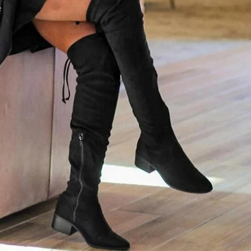 

2022 NEW Black Back Lace Up Women Knee High Boots Side Zipper Low Heel Flock Party Knee High Boots Boots for Women