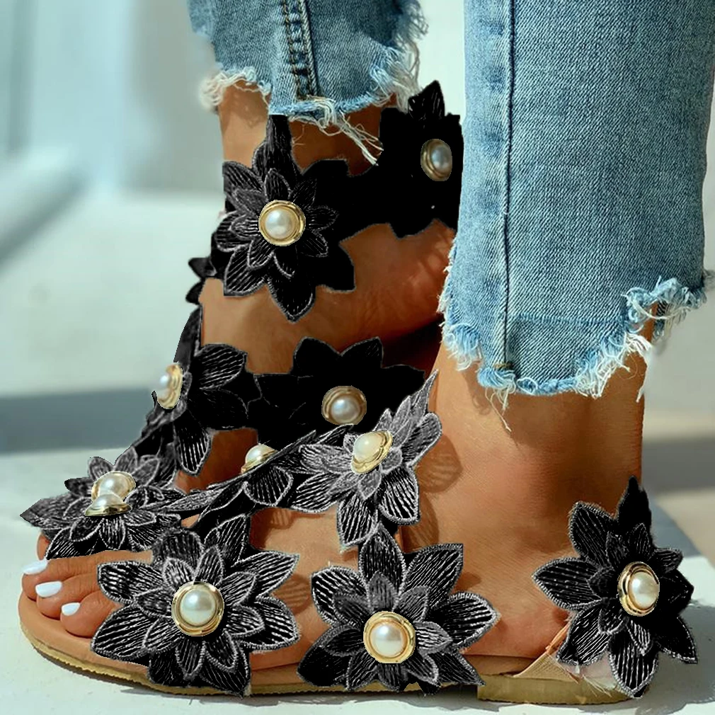 

Open Toe Pearl Flower Sandals Women Leisure Outdoor Sandals Women Bohemia Style Summer Shoes Beach Vacation Flat Sandals