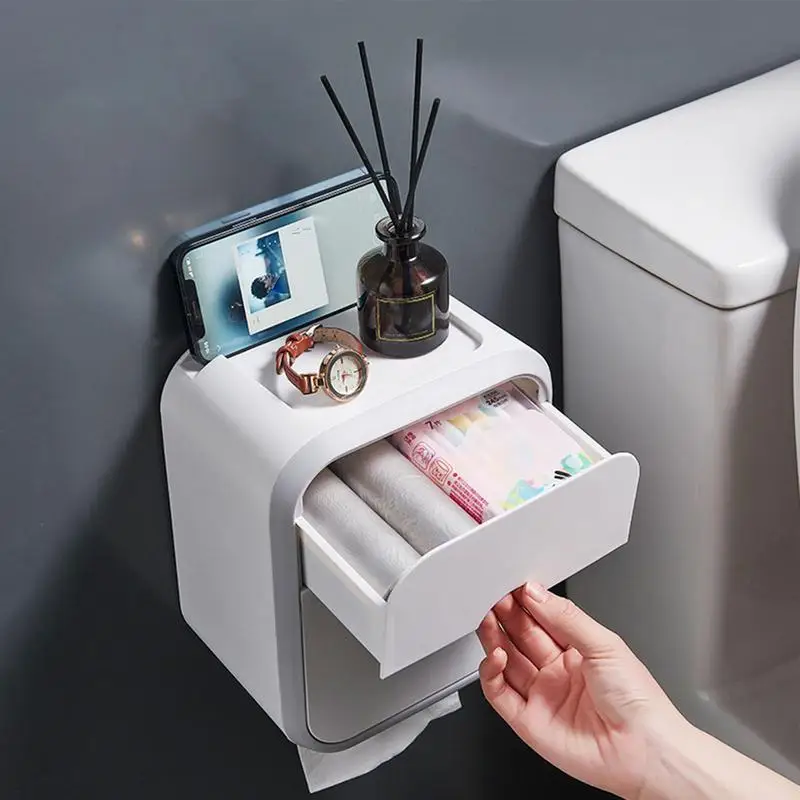 

No Punching Toilet Paper Holder With Drawer Multifunctional Large Capacity Paper Dispenser Wall Mounted Bathroom Storage Cabinet