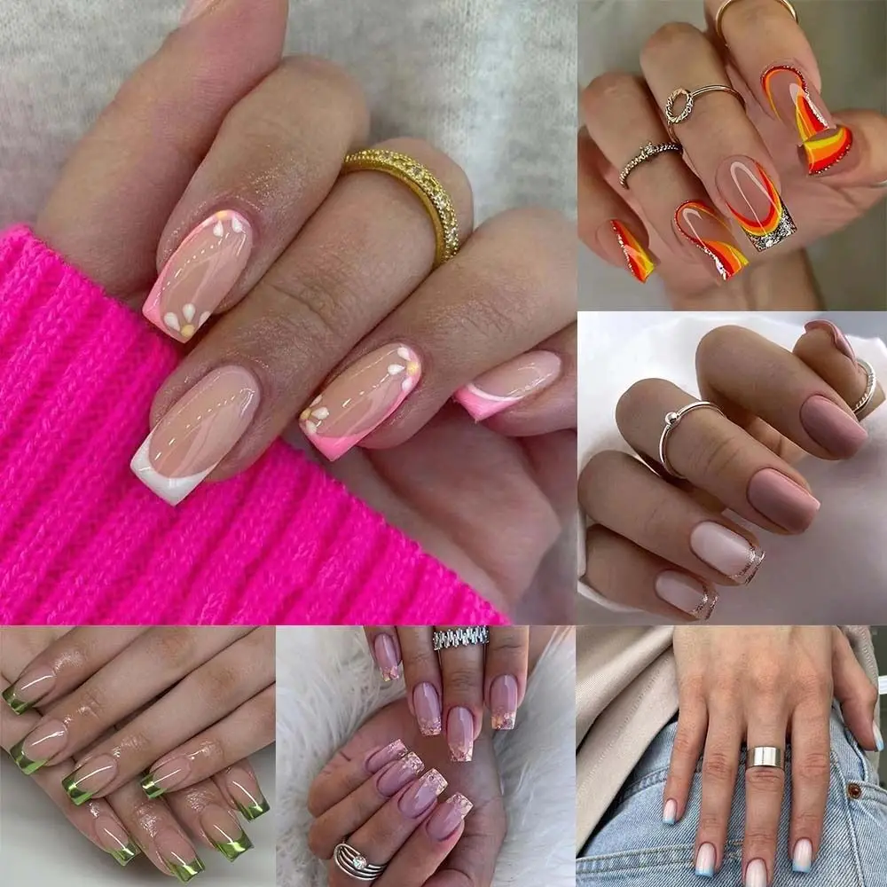 Новинка длинные квадратные накладные ногти цветы волнистые французские съемное