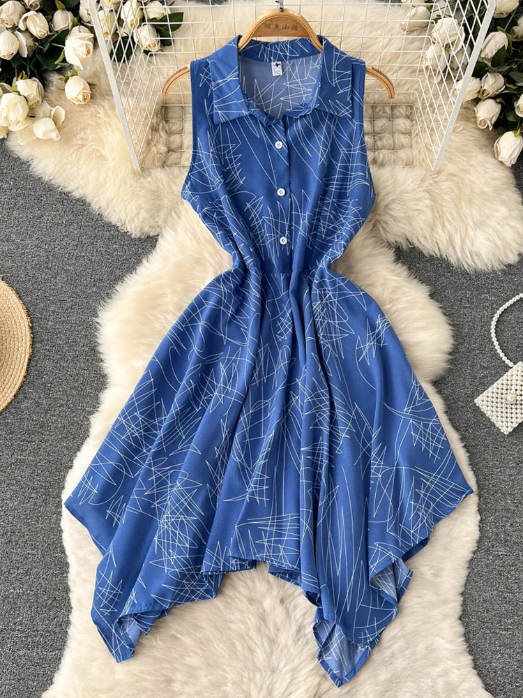 

ZCWXM летнее женское Повседневное платье без рукавов, однобортное асимметричное ТРАПЕЦИЕВИДНОЕ ПЛАТЬЕ-рубашка, шикарное корейское модное кр...