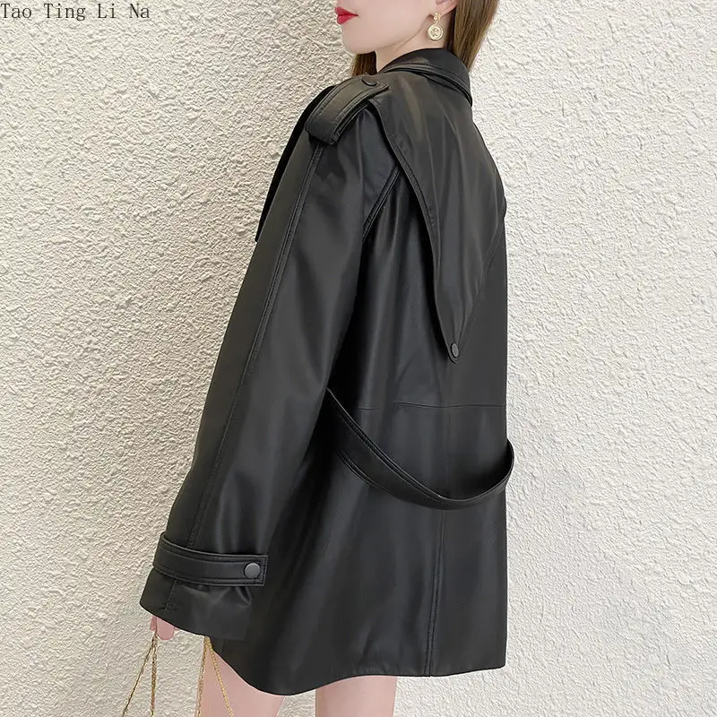 2022 Casual Genuine Sheep Leather Jacket New Lace-up Waist Mid-length Navy Collar Jacket H9