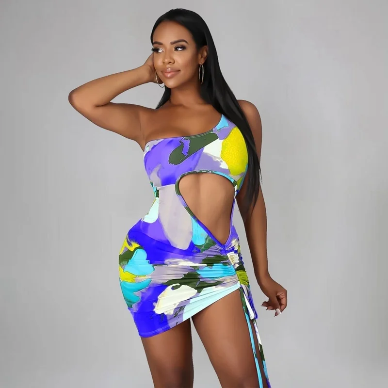 

Wishyear 2022 Tie Dye Print Sexy Dresses Summer Drawstring Cut Out One Shoulder Bodycon Womens Party Club Night Outfit Elegant