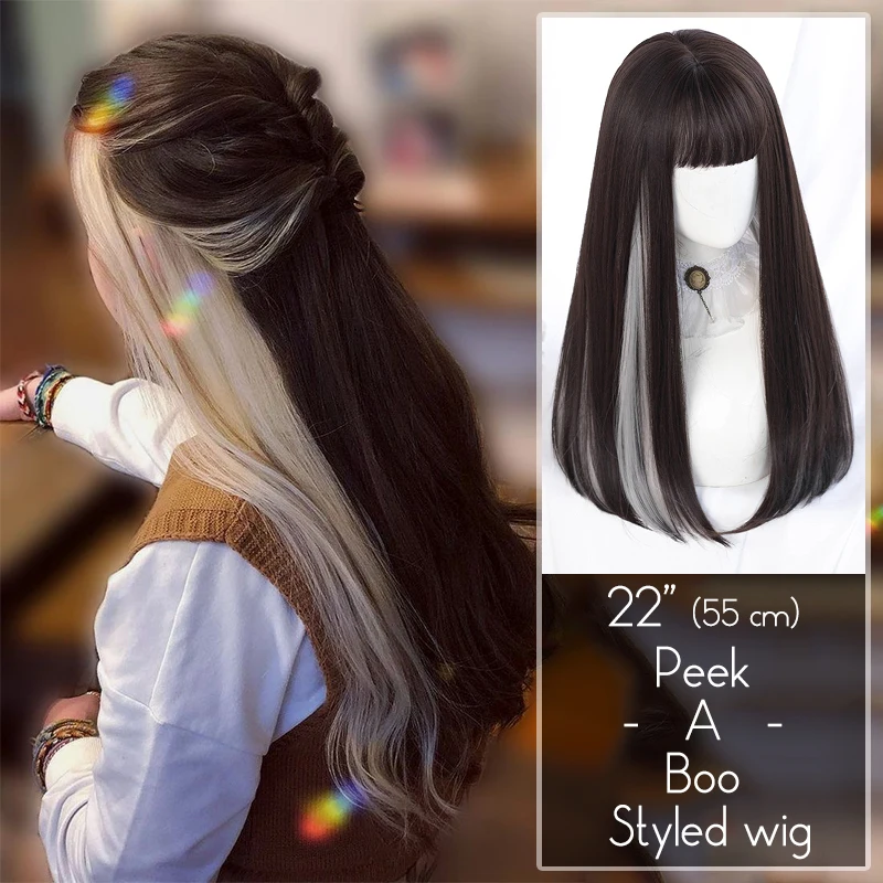 

22" Synthetic Wigs Dyed Beneath layer Peek-a-boo Hairstyle Straight Bangs Long Wig Lolita Wig Natural Looking Hairextension