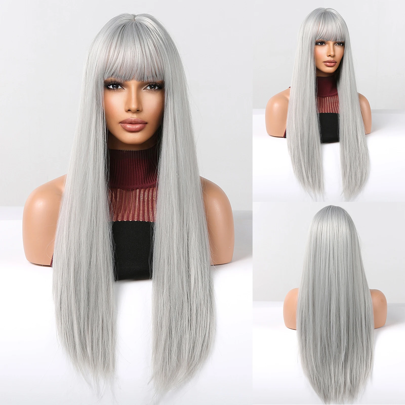 EASIHAIR Long Wigs with Bangs Silver Grey Blonde Cosplay Synthetic Straight Hair Wig for Women African Party Use Heat Resistant