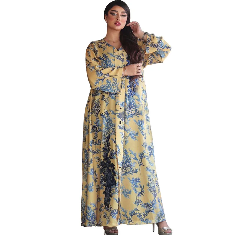 Long Sleeves Printing Embroidery Sequins Muslim Robe Abaya V Neck Elegant Arabic Gowns for Women Middle East Jalabiya 2023