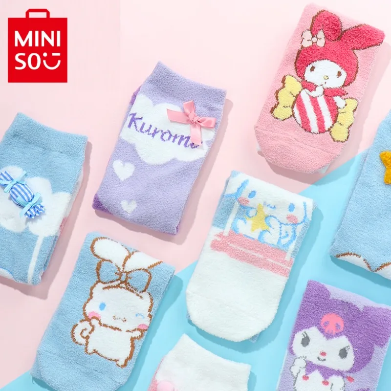 

MINISO Sanrio Kuromi Cinnamoroll My Melody Anime Kawaii Bow Home Socks Plush Cute Star Warm Socks Accessories Girls Gifts