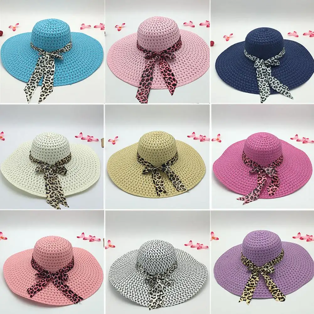 

Sunscreen Braided Foldable Straw Hat Leopard Bowknot Decor Wide Brim Women Beach Hat Fashion Accessories