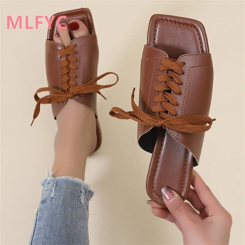 

slippers Women's fashion bow bow square head flat ladies slippers Comfortable solid color breathable casual slippers 2023