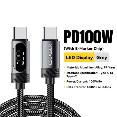 Кабель Essager Digital Dispaly USB C для iPhone 16 15 Xiaomi Huawei 100 Вт PD Быстрая зарядка для Macbook iPad Кабель типа C к типу C