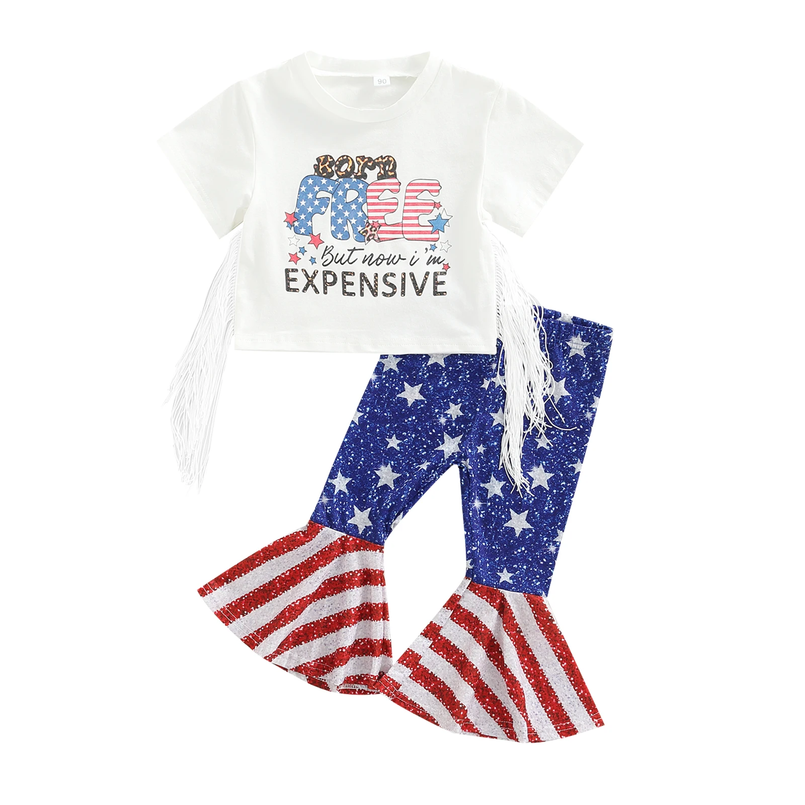 

Independence Day Kids Baby Girls Clothing Pants Set Short Sleeve Letters Print Tasseled Round Neck T-shirts with Flare Pants